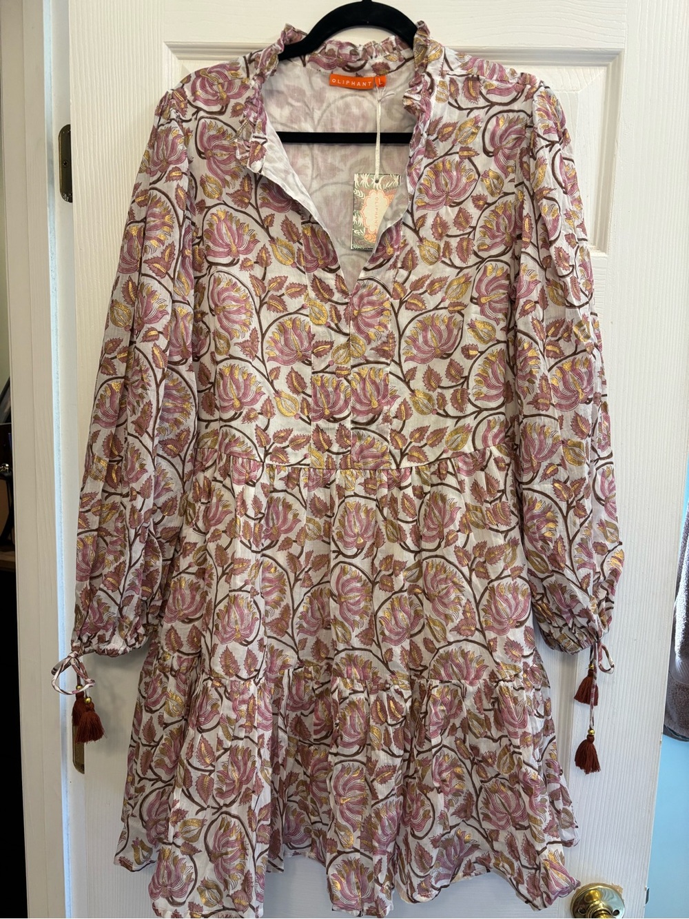 Oliphant Cream Dress with Pink & Gold Floral and tassel tie sleeves